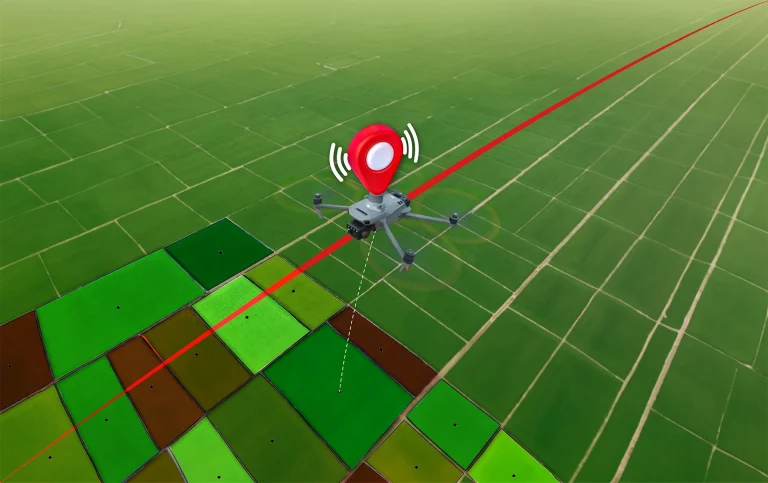 Aerial view of a trial field with individual plots outlined and a drone flying its survey path