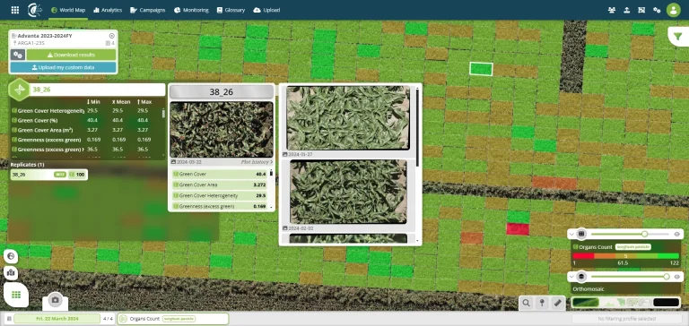 Analytics, Cloverfield interface with color-coded crop grid and historical comparisons
