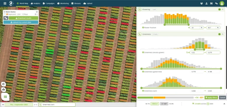 Analytics, Cloverfield interface with aerial view and bar charts showing growth over time