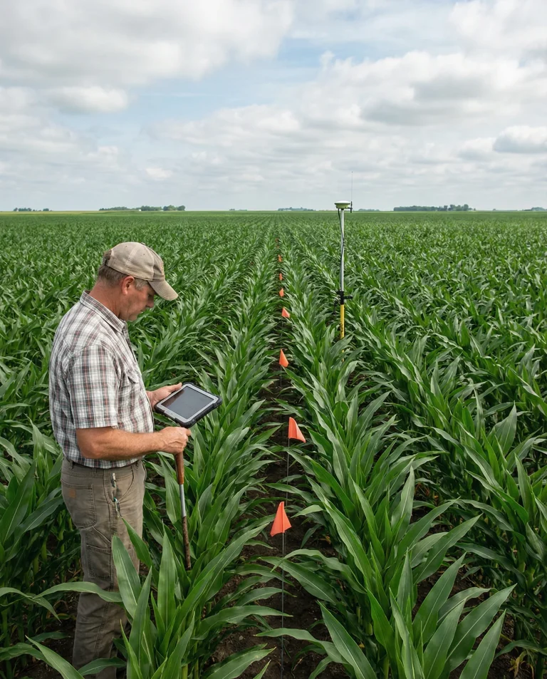 Use case card, farmer with tablet in corn field