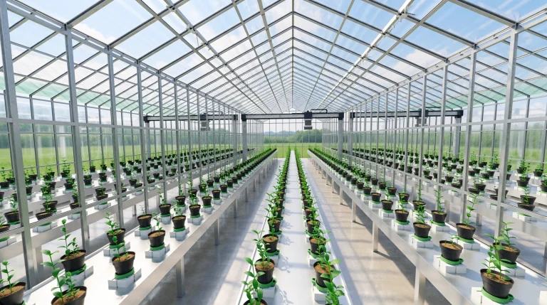 Product finder, wide greenhouse interior with rows of potted plants